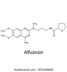 Alfuzosin molecular structure, flat skeletal chemical formula. Alpha blocker drug used to treat Benign prostate hyperplasia - BPH, PTSD, pheochromocytoma. Vector illustration.
