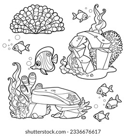 Algae, anemones, sandstones compositions with corals and fishes set linear drawing for coloring page