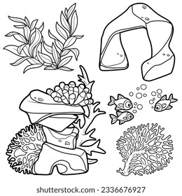 Algae, anemones, sandstones, fishes and coral linear drawing for coloring page