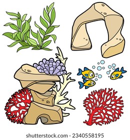 Algae, anemones, sandstones, fishes and coral color drawing