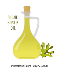 Algae based oil in small glass decanter bottle with cork. Vector illustration