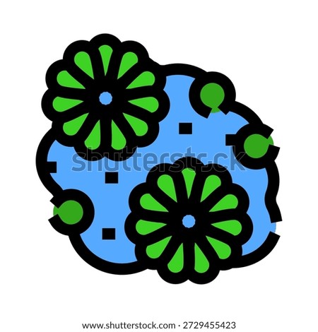 Algae bloom spreading across freshwater surface, green scum pattern on pond or lake symbolizing pollution, ecosystem imbalance and environmental health risk, vector icon depiction