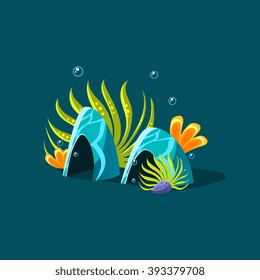 Algae And Blue Coral Cute Cartoon Style Vector Illustration On Dark Blue Background