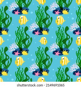 Algae bottom pattern. Seamless fabric background. Landscape ecosystem of coral reef. Blue underwater print design.