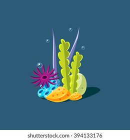 Algae And Coral Cute Cartoon Style Vector Illustration On Dark Blue Background