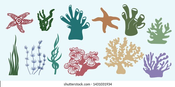 algae, corals, Kelp, (laminaria, Macrocystis, Brown alga, rockweed, Fucus, Posidonia). Vector illustration. Set of paper marine animals stickers. Laser cut. Set template for laser cutting, Plotter and