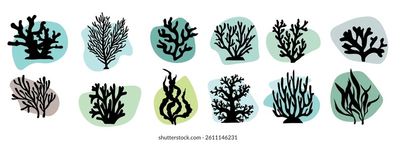Algae and corals on water on background of color spots. Black silhouettes of aquarium plants vector illustrations, underwater algae and ocean coral icons