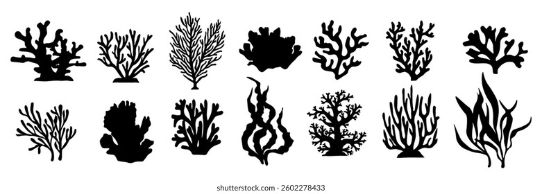 Algae and corals on water. Black silhouettes aquarium plants vector illustrations, underwater algae and ocean coral icons