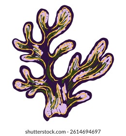Algae corals in stylized technique. Marine world, texture pencil marker strokes. Vector element
