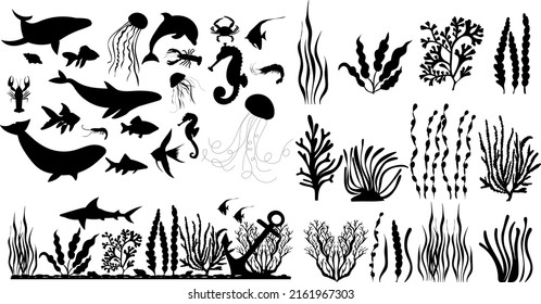 algae, fish silhouette big set on white background, isolated, vector