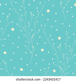 Algae Grove. Vector soft cyan seamless pattern background. Tiny dots and frogspawn drifting among delicate algae trees. Part of Our Little Pond collection by Last Island Art.