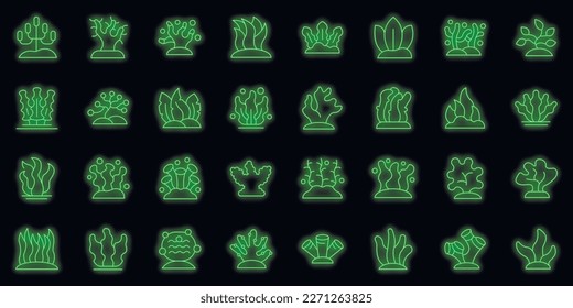 Algae icons set outline vector. Spirulina plant. Sea grass neon color on black