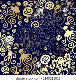 Algae and octopus, mollusk, 
Cuttlefish - seamless vector marine pattern