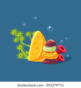 Algae And Pile Of Rocks Cute Cartoon Style Vector Illustration On Dark Blue Background