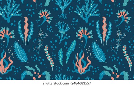 Algae seamless pattern. Seaweed background. Illustration of kelp, spirulina, chlorella, bladderwrack, hijiki, sea lettuce, sea grapes, kombu, fukus, wakame, dulse. Colourful underwater plants. 