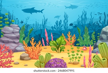 Algas marinas en el fondo submarino del paisaje de juego. Vibrante fondo a nivel de dibujos animados con coloridos arrecifes de coral, siluetas de peces y plantas marinas tropicales. Fondo marino oceánico con vida marina fascinante