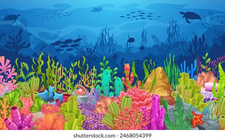 Algae seaweeds underwater landscape. Vector aquatic scene with diverse colorful coral types, fish shoals and lush aquatic plants, showcasing marine fauna, ocean conservation, ecology or game level