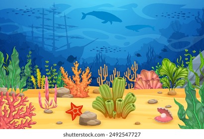 Algae seaweeds, whale and sunken ship silhouettes, underwater game landscape. Cartoon sea bottom level background with colorful coral reefs, fish and tropical plants. Ocean seafloor with marine life