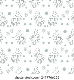 Algae and water bubbles seamless pattern. Underwater life endless background. Vector hand drawn illustration.