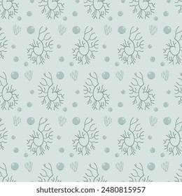 Algae and water bubbles seamless pattern. Underwater life endless background. Vector hand drawn illustration.