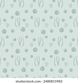 Algae and water bubbles seamless pattern. Underwater life endless background. Vector hand drawn illustration.