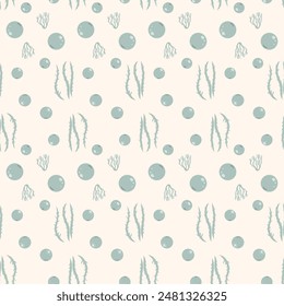 Algae and water bubbles seamless pattern. Underwater life endless background. Vector hand drawn illustration.