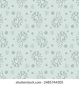 Algae and water bubbles seamless pattern. Underwater life endless background. Vector hand drawn illustration.