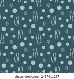 Algae and water bubbles seamless pattern. Underwater life endless background. Vector hand drawn illustration.