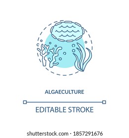 Algaeculture concept icon. Seaweed growings environment. Organic seafoods creation process. Aquaculture idea thin line illustration. Vector isolated outline RGB color drawing. Editable stroke