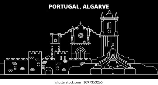 Algarve silhouette skyline. Portugal - Algarve vector city, portuguese linear architecture, buildings. Algarve travel illustration, outline landmarks. Portugal flat icon, portuguese line banner