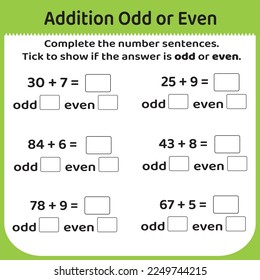 Algebra - Addition Odd or Even Worksheet - level one - for grades one and two