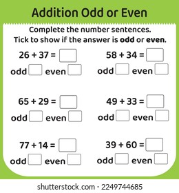 Algebra - Addition Odd or Even Worksheet - level three - for grades one and two