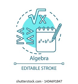 Algebra concept icon. Advanced calculations, learning advanced algebra idea thin line illustration. Algebraic equations, more and less sign.  Vector isolated outline drawing. Editable stroke