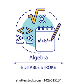 Algebra concept icon. Algebraic equations, more and less sign. Advanced calculations, learning advanced algebra idea thin line illustration. Vector isolated outline drawing. Editable stroke