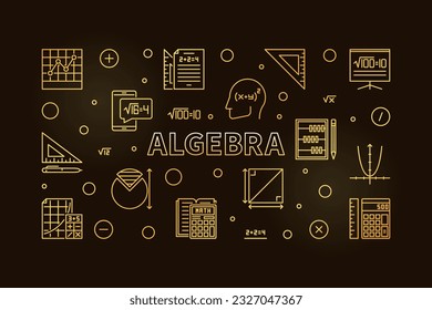 Algebra Konzept dünnen Linie golden horizontalen Banner. Vektorgrafik im linearen Stil mit dunklem Hintergrund 