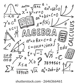 Conceitos de álgebra, equações e símbolos ilustrados estilo desenhado à mão, transmitindo sentido