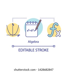 Algebra courses, lessons concept icon. Advanced calculations, learning advanced algebra idea thin line illustration. Algebraic formula. Vector isolated outline drawing. Editable stroke