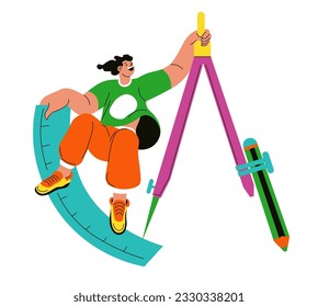 Algebra or geometry lesson, isolated mathematics tools in hands of personage. Isolated funny student or high school pupil riding on ruler. Obtaining knowledge and education. Vector in flat style