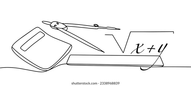 Algebra und Geometrie. Themen für das Studium der Mathematik. Rechner, Lineal und Kompass. Wissentag. Internationaler Alphabetisierungstag. Eine Zeilenzeichnung für verschiedene Verwendungszwecke. Vektorgrafik.