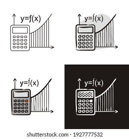 Algebra icons set isolated on white background. Calculator and function graph. Hand drawn contour icon in doodle style, flat and chalk on a black board. Vector illustration.