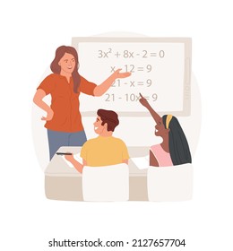Algebra isolated cartoon vector illustration High school curriculum, graphing equation in a notebook, writing board, math formula homework, teacher in smart classroom, exam vector cartoon.