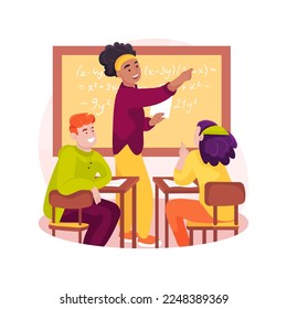 Ilustración vectorial de dibujos animados aislados en álgebra. Currículum de secundaria, graficando ecuaciones en un cuaderno, tablero de escritura, tarea de fórmula matemática, profesor en clase inteligente, cartoon vector de examen.