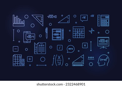 Algebra Learning vector outline blue horizontal banner - Science concept illustration in line style with dark background 