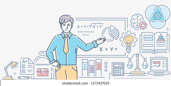 Algebra lesson - colorful line design style illustration on white background. A composition with a male teacher standing at the board showing formulas. Images of workplace, diagrams, scales