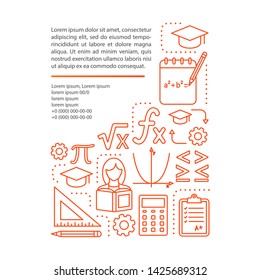 Algebra lessons, courses article page vector template. Mathematics, maths. Brochure, magazine, booklet design element with linear icons, text boxes. Print design. Concept illustration with text space 