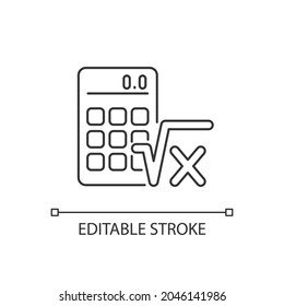 Algebra Linear Icon. Calculator, Radical Symbol. Mathematical Calculations. Solving Equation. Thin Line Customizable Illustration. Contour Symbol. Vector Isolated Outline Drawing. Editable Stroke