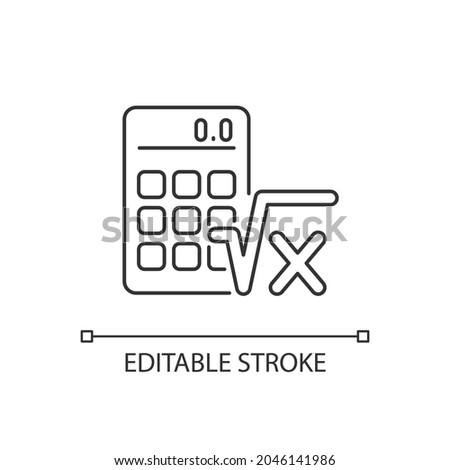 Algebra linear icon. Calculator, radical symbol. Mathematical calculations. Solving equation. Thin line customizable illustration. Contour symbol. Vector isolated outline drawing. Editable stroke