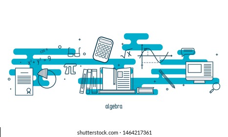 Algebra linear illustration set. Modern color thin line concept of Algebra for school, university and training. Vector illustration with different elements on the subject Algebra 