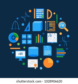 Algebra and math vector round symbol. Mathematics circular symbol on dark background