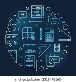 Algebra and Mathematics concept outline circular blue banner. Vector round modern illustration with dark background 
